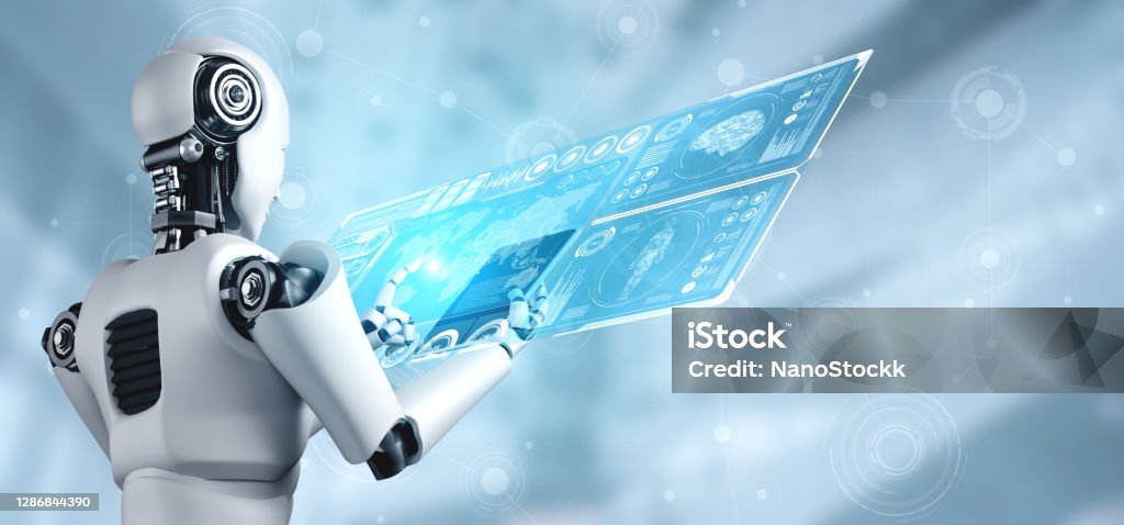 AI-powered robots and doctors working together in a futuristic hospital with holographic medical interfaces.