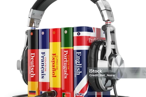 People enjoying audiobooks in multiple languages on Spotify, using smartphones and headphones.